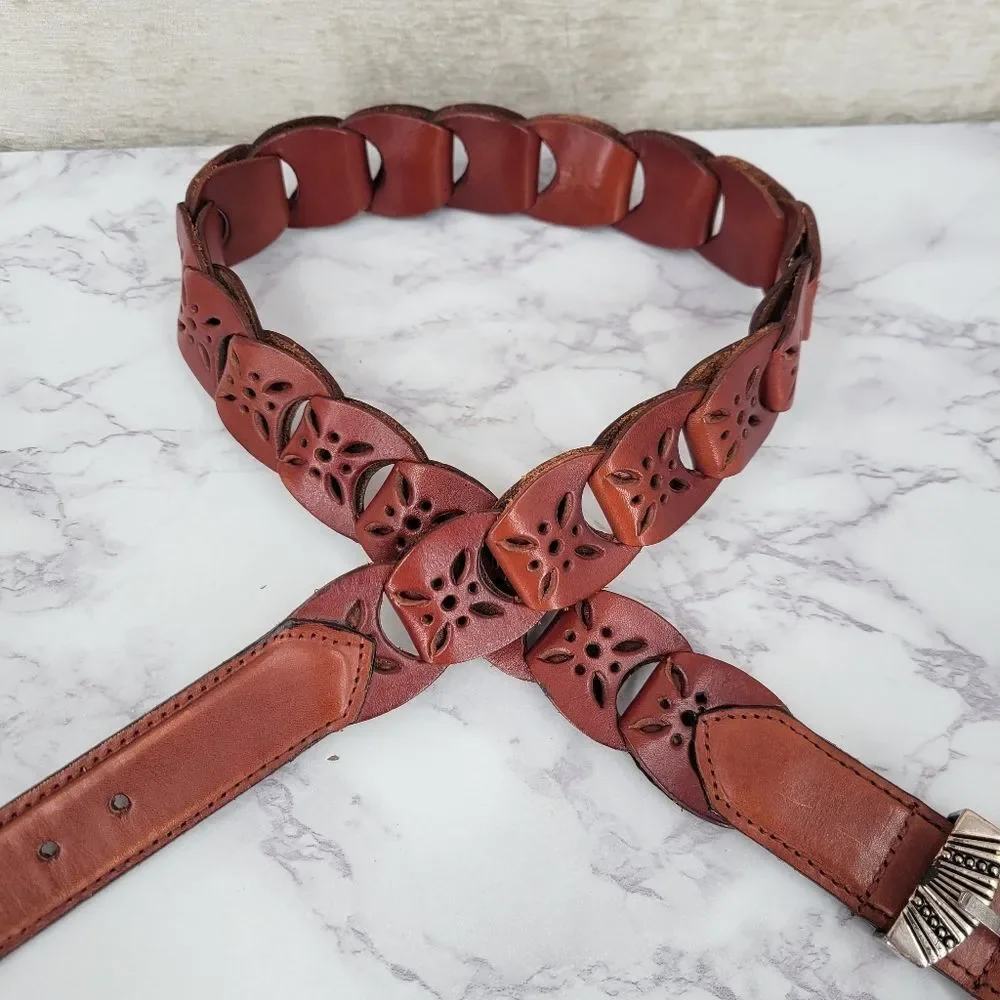 Brown Leather Interlock Tab Belt with Silver Toned Aztec Buckle